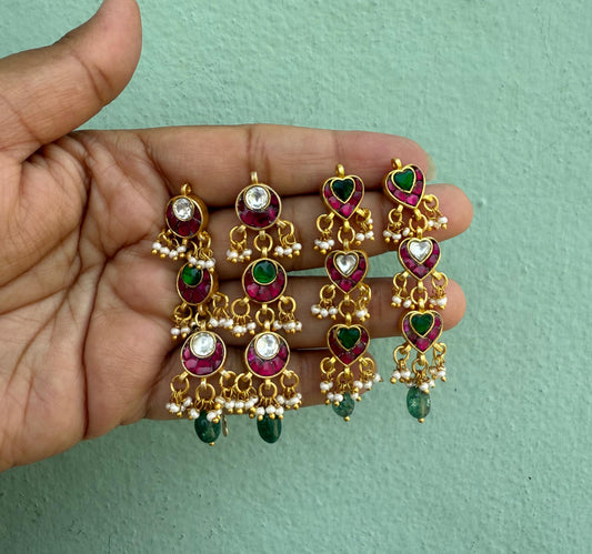 Three layered real Kundan heart round earrings
