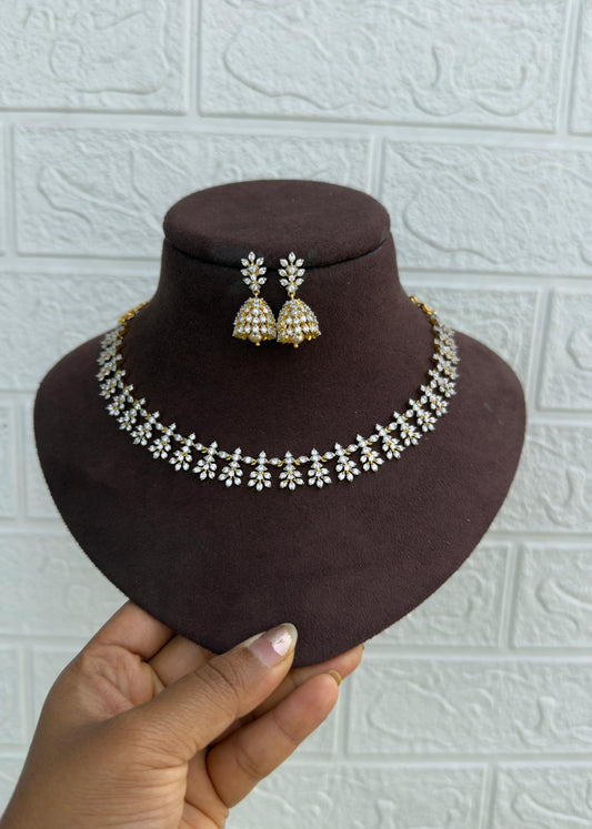 Diamond look alike full of leaf necklace with jhumkas