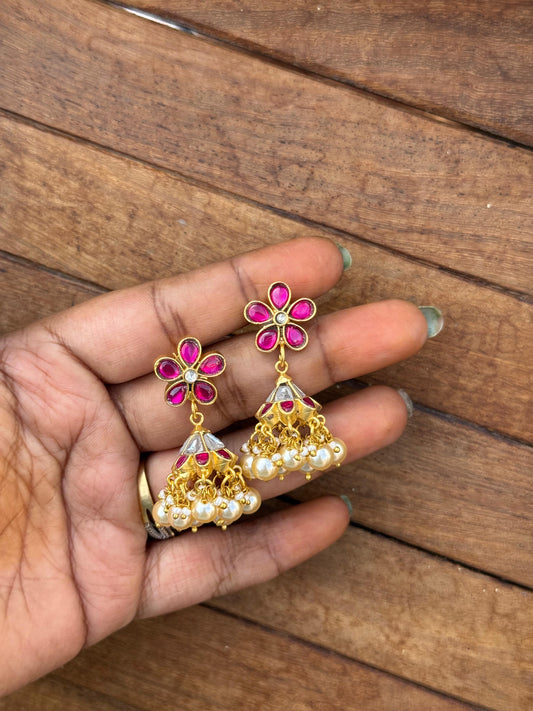 Flower real kundan cone shaped ruby jhumkas