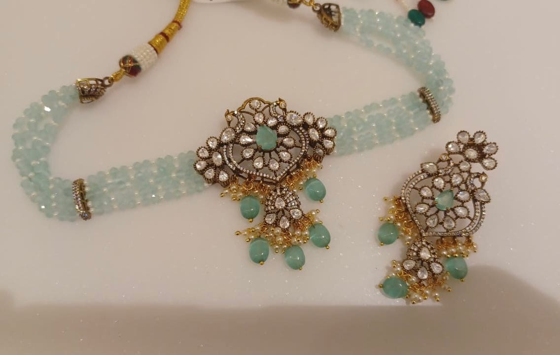 Stylish victorian peacock locket with hanging chandbalis choker