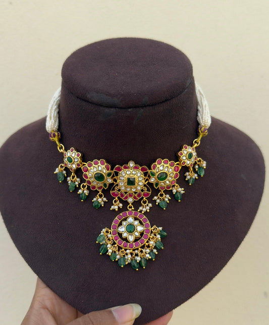 Royal five locket real kundan chandbali flower drop choker style necklace