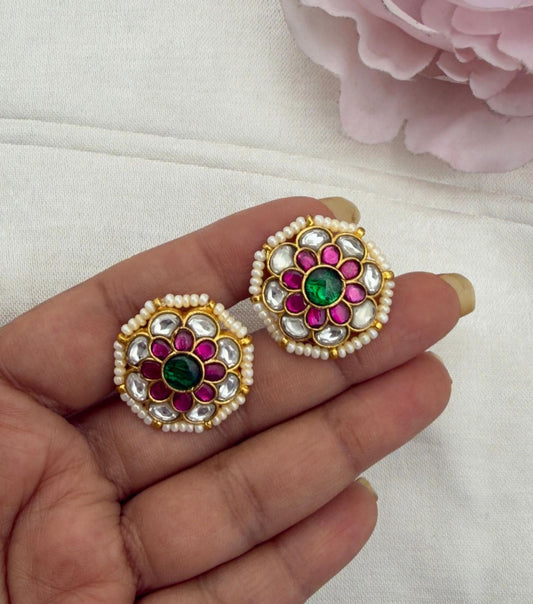 real kundan beautiful flower pearl studs
