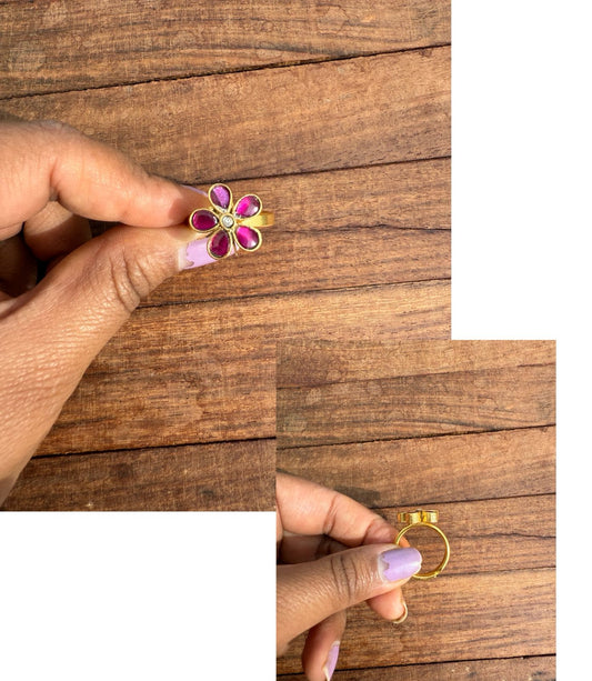 Simple flower real kundan adjustable finger ring