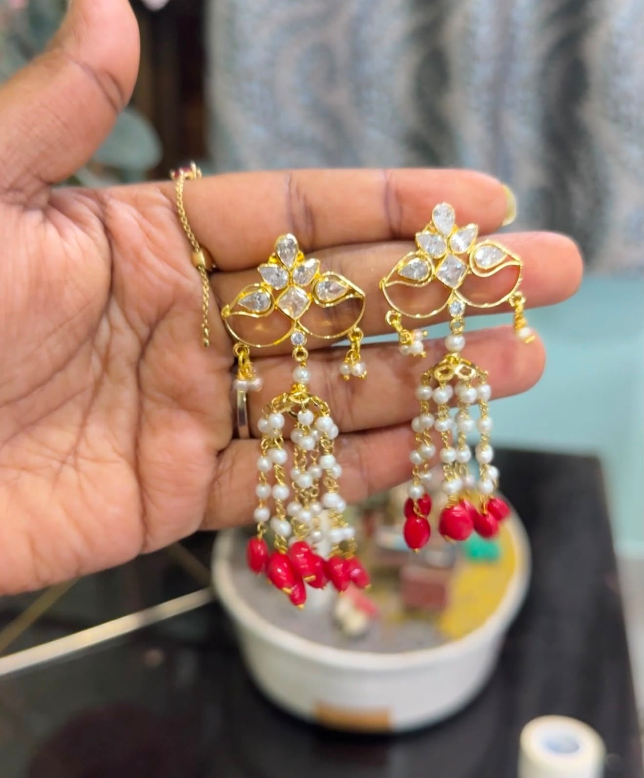 sale coral uncut diamond pearl hanging earrings