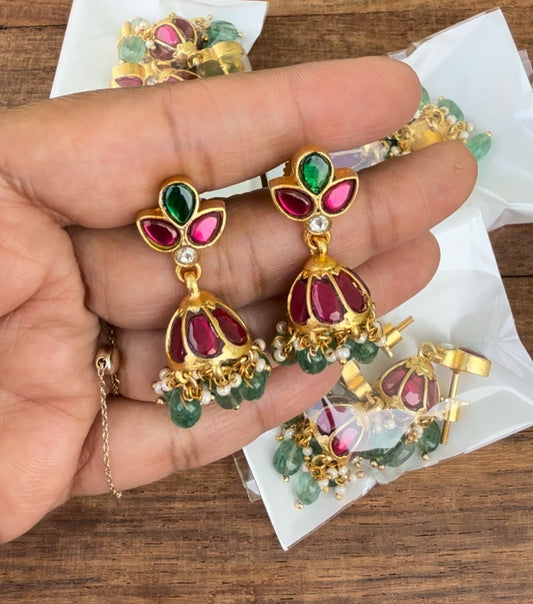 Three petal real kundan jhumkas