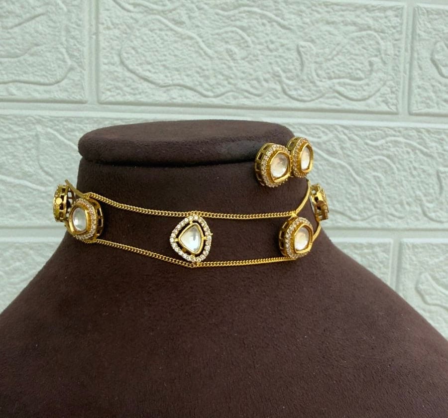 Dual chain polki kundan indo western choker with studs