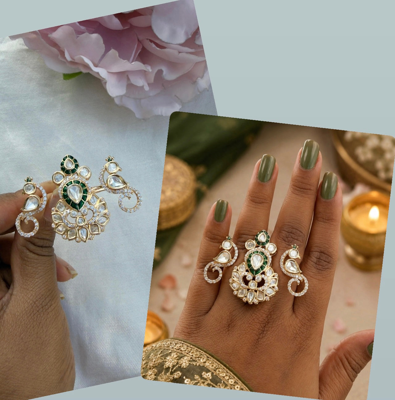 Cocktail finger ring polkis and peacock adjustable