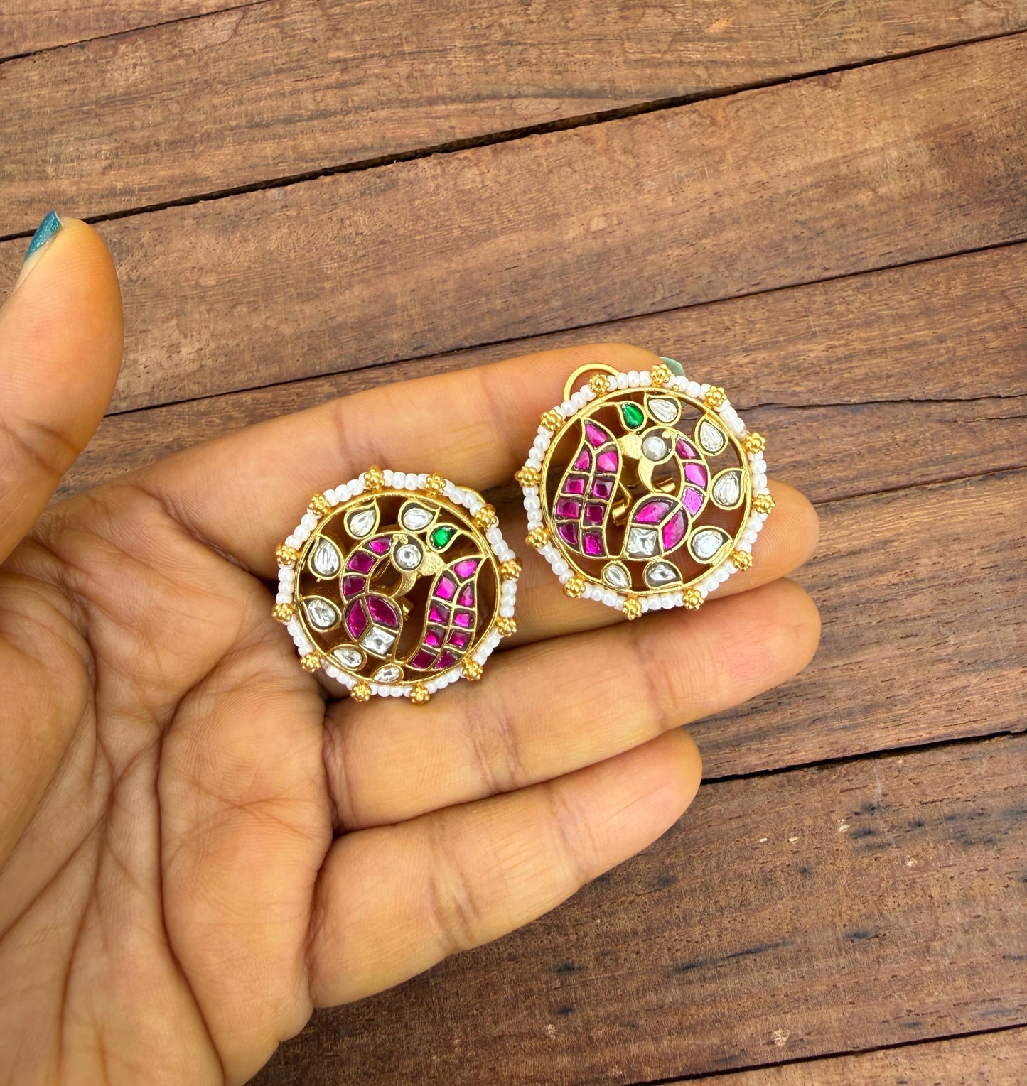 Royal peacock real kundan pearl studs