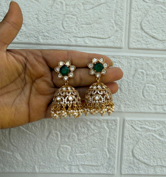Royal emerald Kundan pearl drop jhumkas