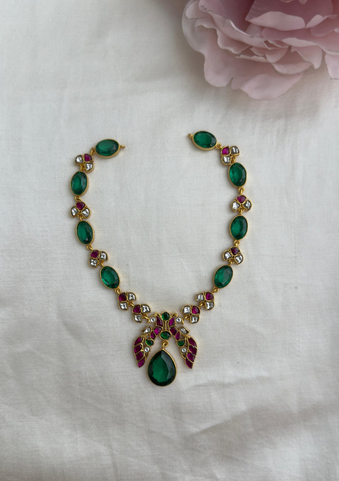Stylish dual peacock emerald drop real kundan necklace