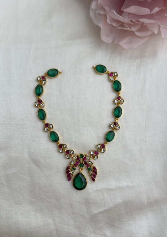 Stylish dual peacock emerald drop real kundan necklace