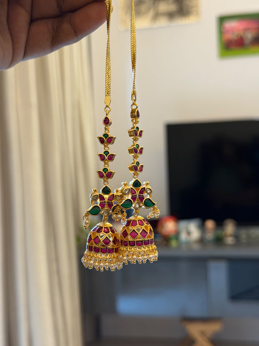 Dual peacok real kundan jhumkas with maatis