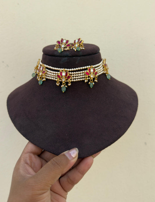 Real kundan swaroski pearls lotus choker with earrings