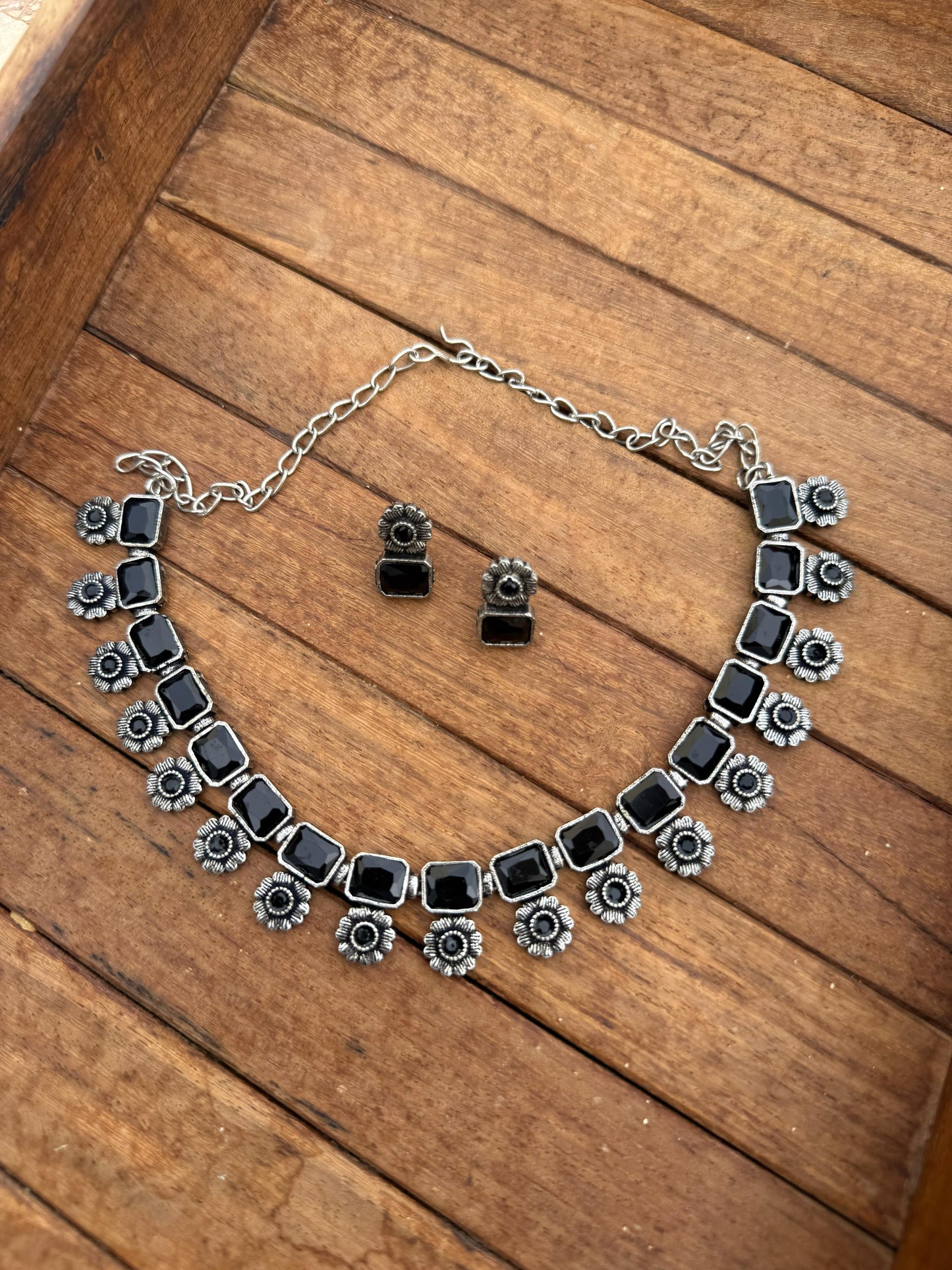 Black flower oxidised 899 necklace