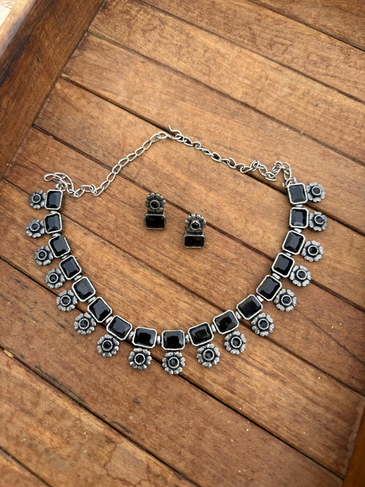 Black flower oxidised 899 necklace