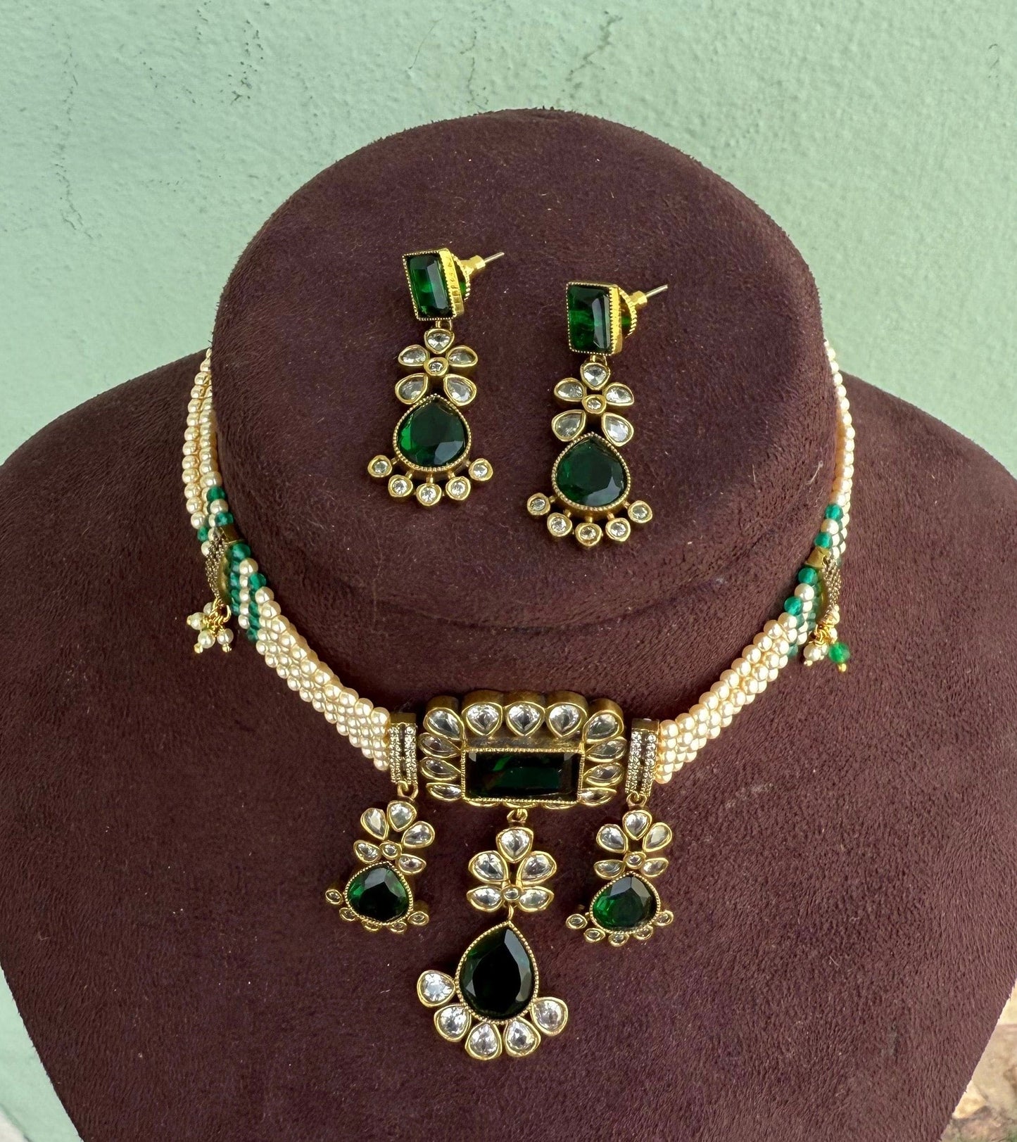 Three pearl drop kundan beaded emerald choker with hangings