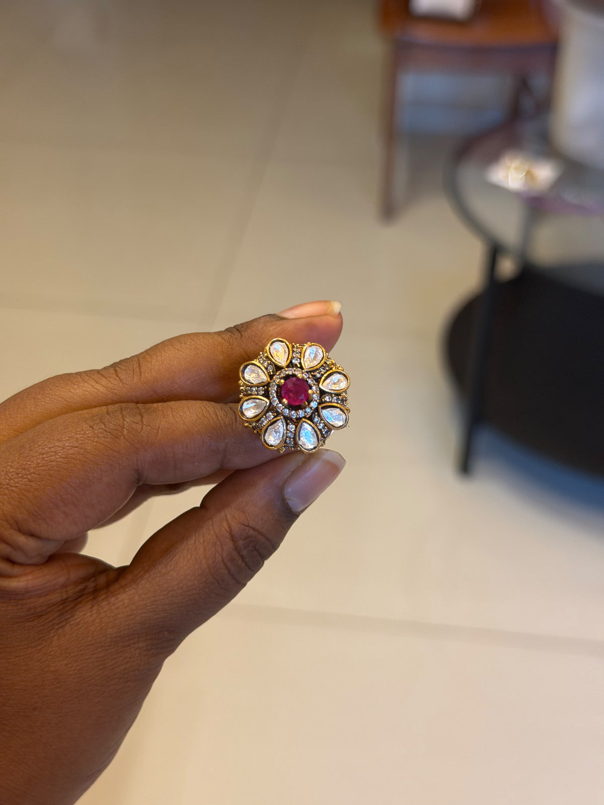 Moissanite flower ruby adjustable designer finger ring