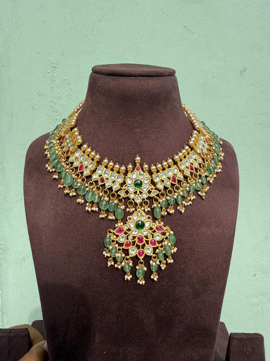 Real kundan jadau white green heavy necklace
