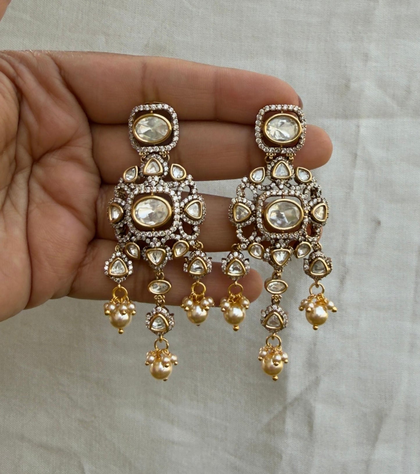 Designer statement polki square oval pearl earrings