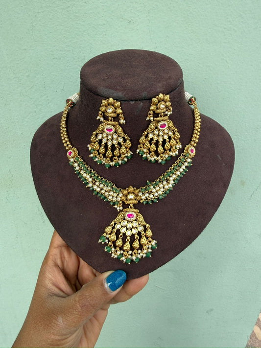 Antique heavy pearl chandbali necklace real kundan with earrings