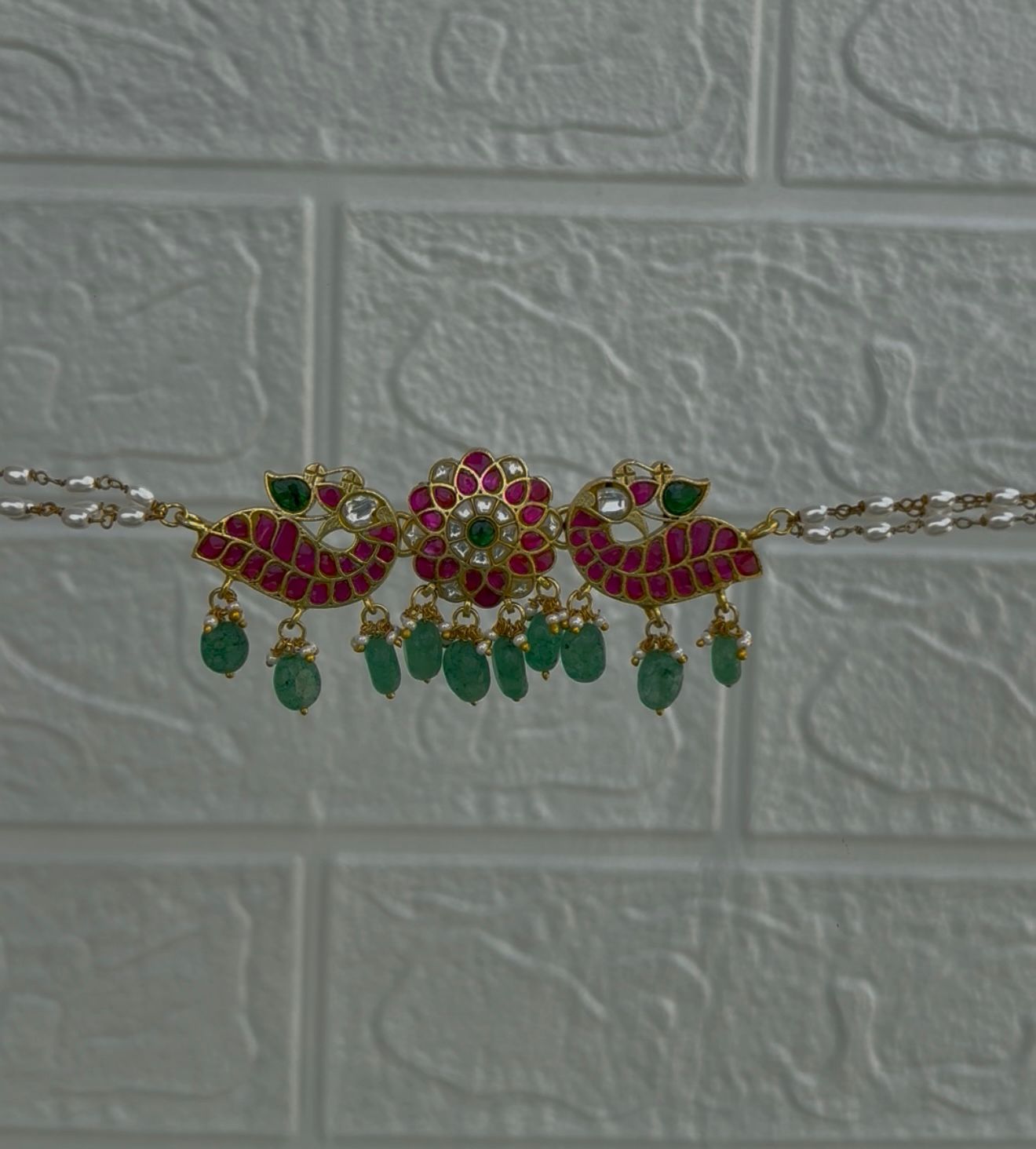 Dual peacock flower real kundan rice pearl choker