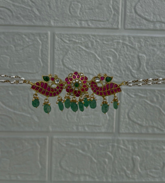 Dual peacock flower real kundan rice pearl choker