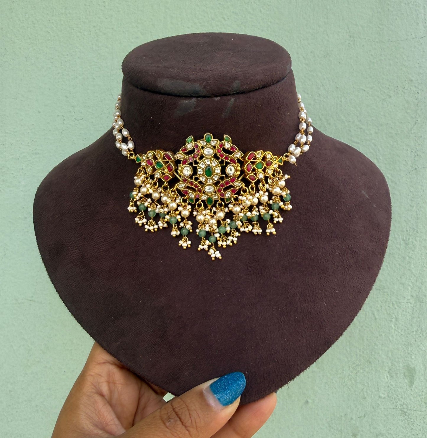 Affordable real kundan dual peacock rice pearl choker 5