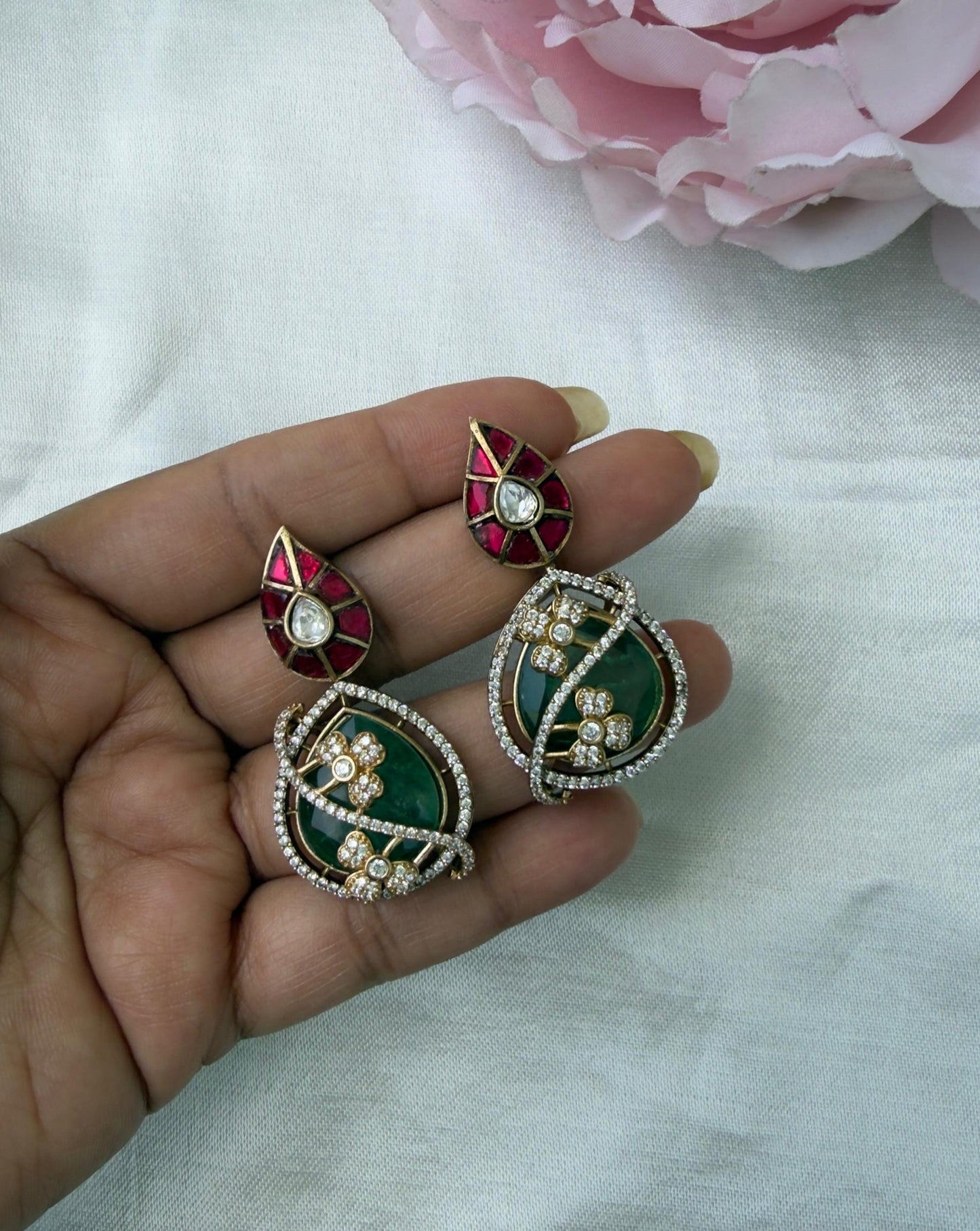 Deisgner flower embossed real kundan victorian doublet stone earrings