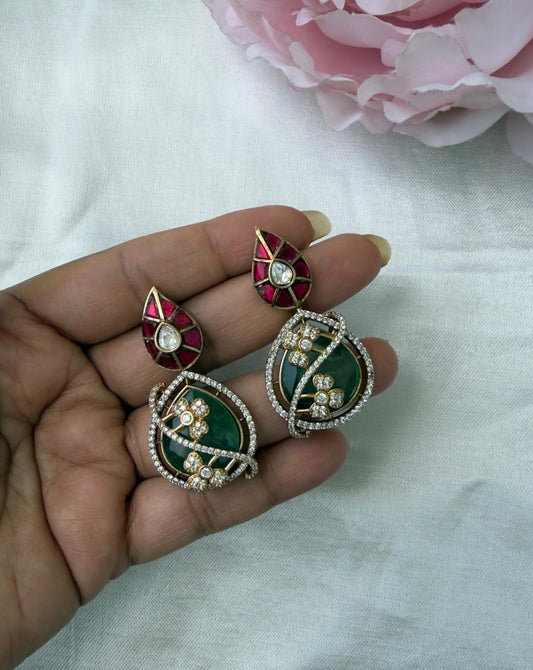 Deisgner flower embossed real kundan victorian doublet stone earrings