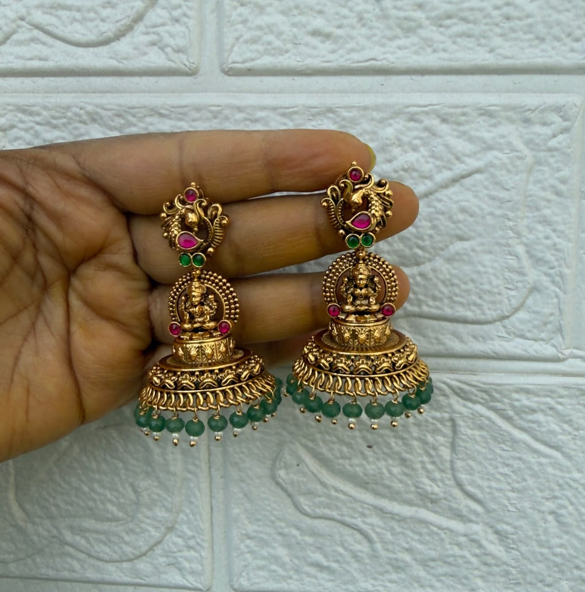 Antique lakshmi dual peacock engraved  cone jhumkas 5