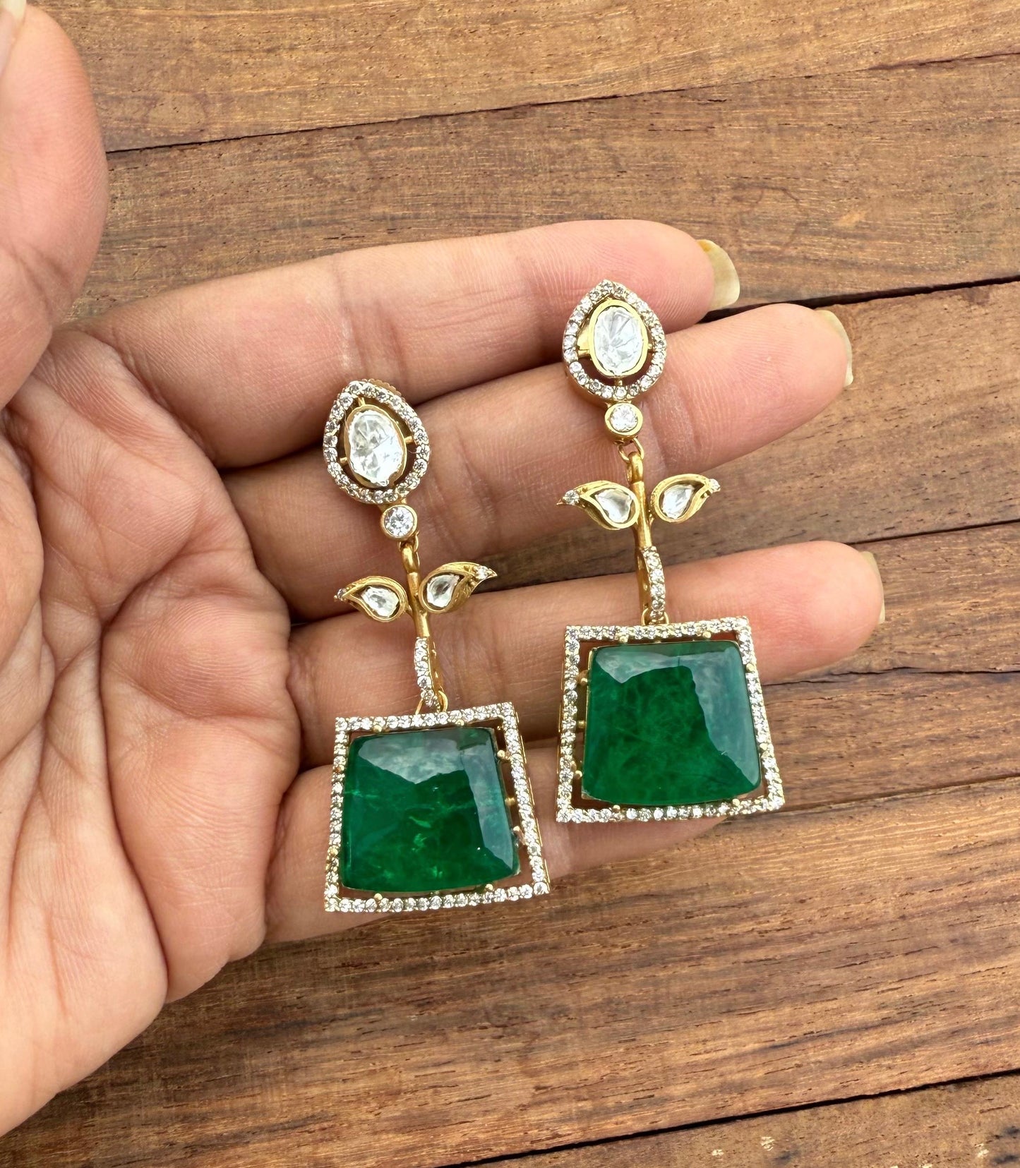Statement two leaf doublet stone designear earrings
