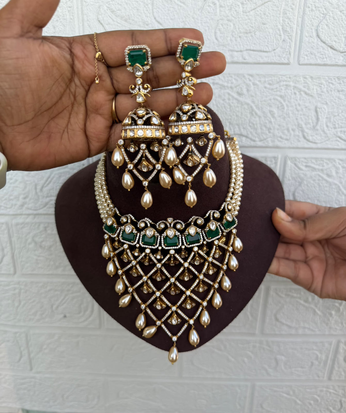 Six layered moissanite partywear designer necklace with heavy jhumkas