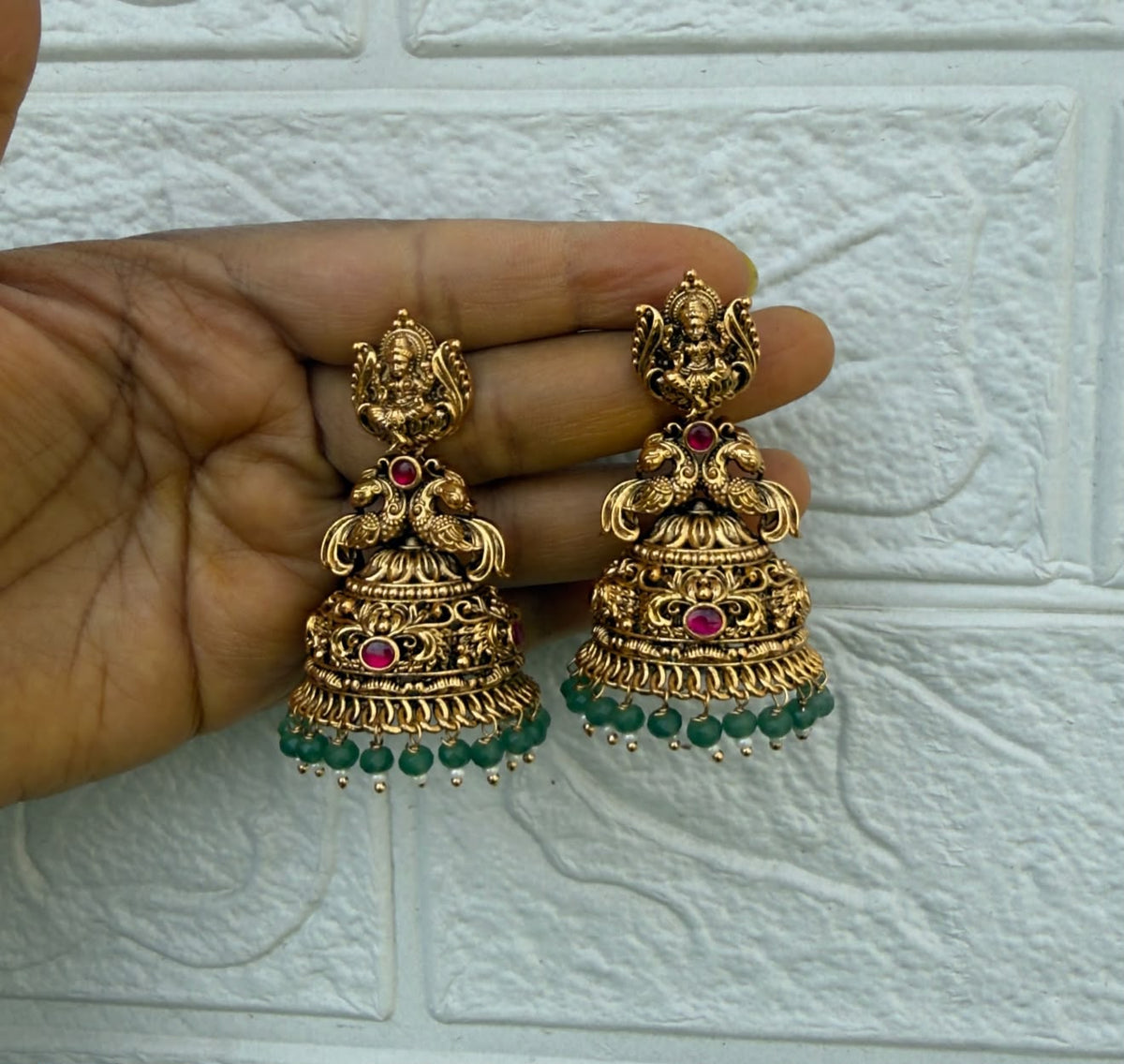 Antique lakshmi dual peacock engraved  jhumkas 5