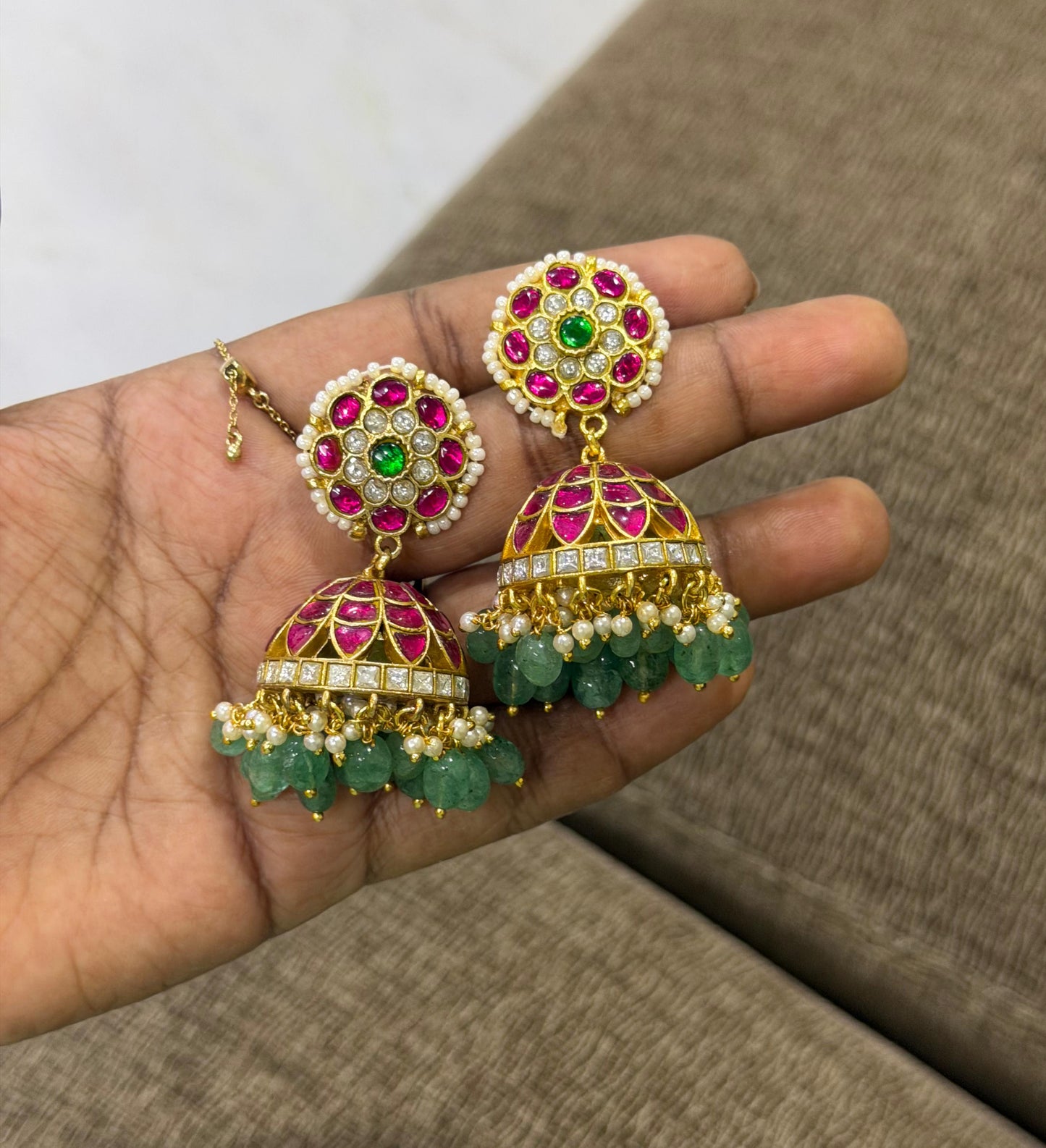 Flower pearl stud real kundan jhumkas 5