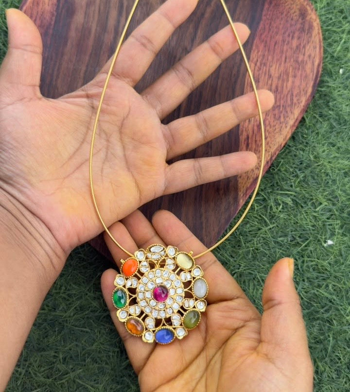 Beautiful big size navaratan locket in real kundan