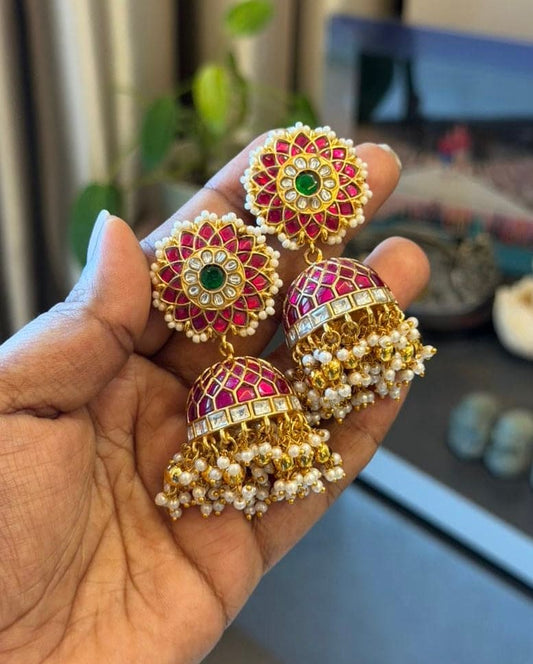 flower studded real kundan bridal pride jhumkas