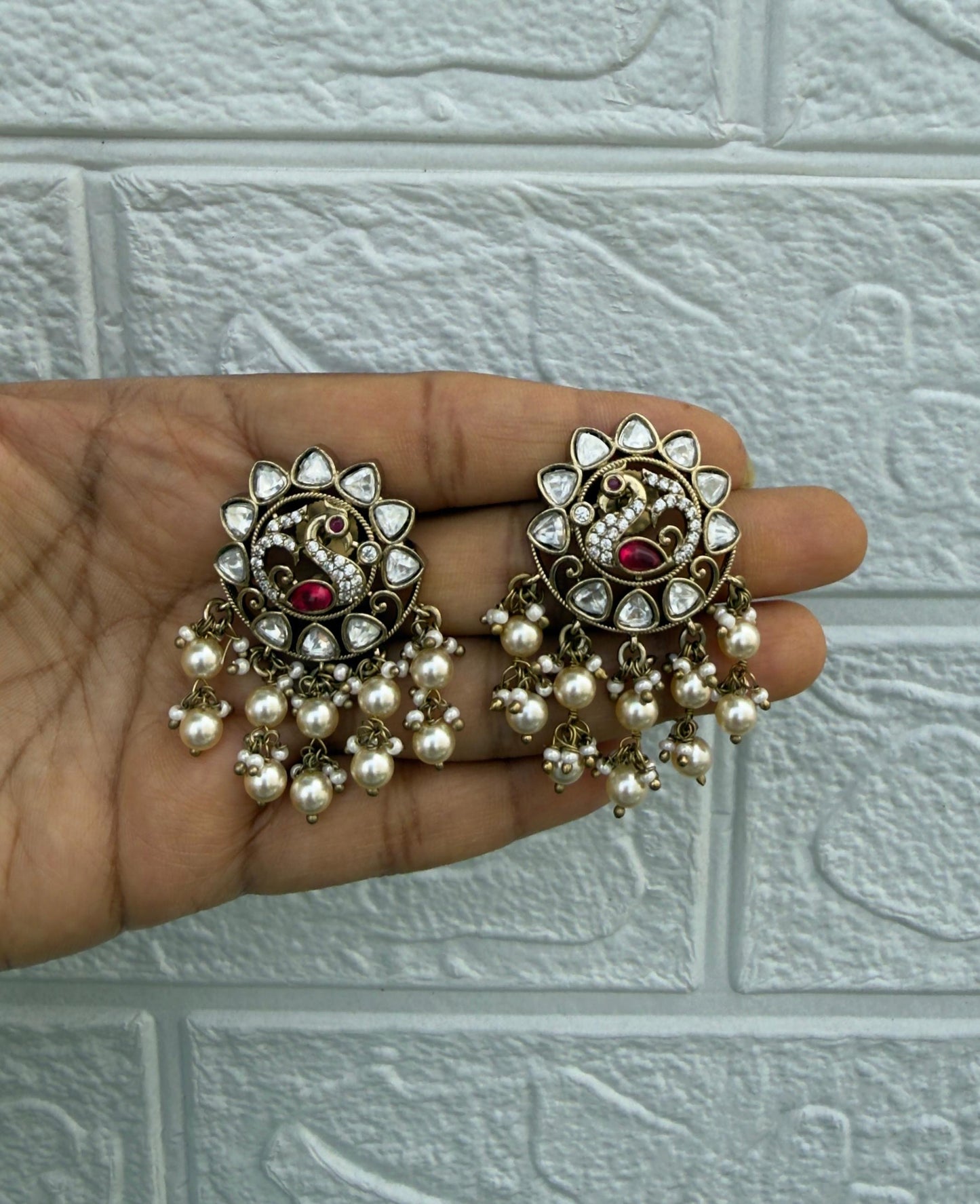 Peacock stud moissanite pearl hanging earrings