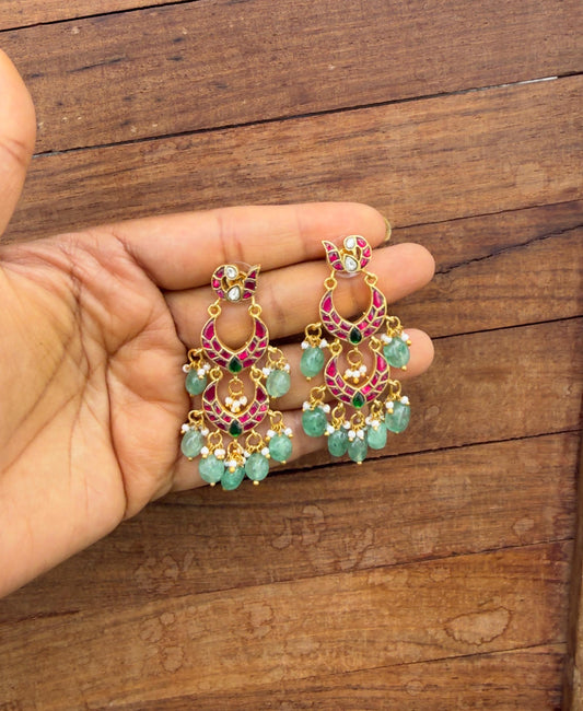 Two layered peacock real kundan chandbali earrings