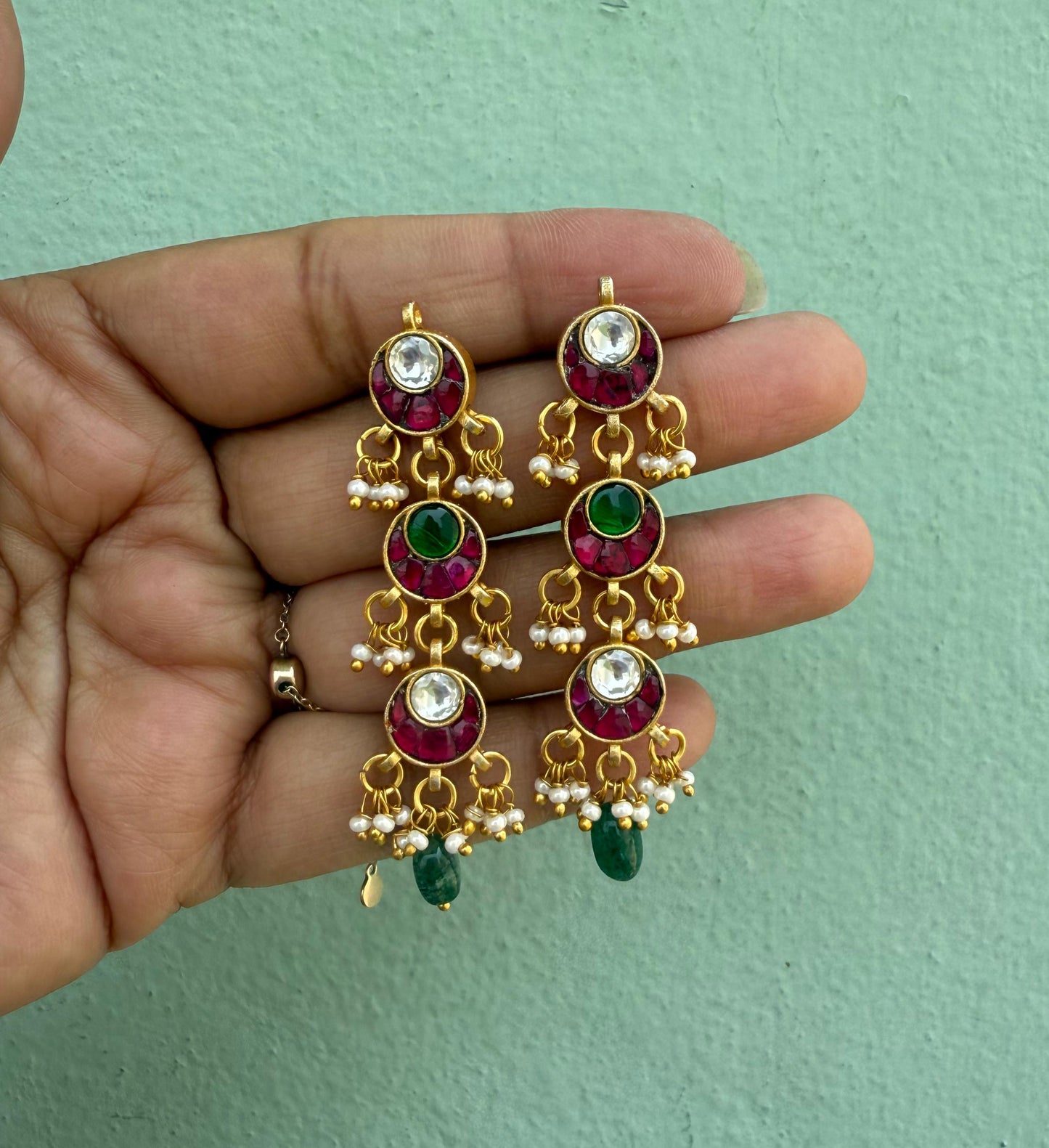 Three layered real Kundan heart round earrings