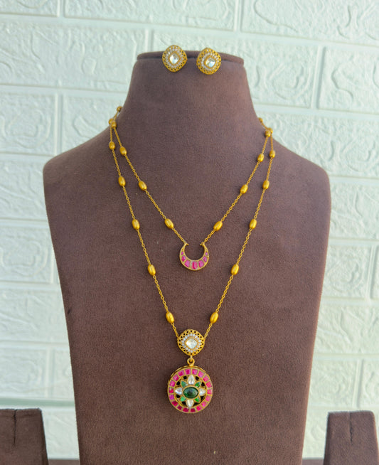 Two layered moon flower drop real kundan moissanite necklace with studs