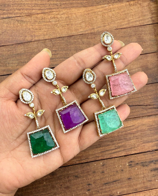 Statement two leaf doublet stone designear earrings