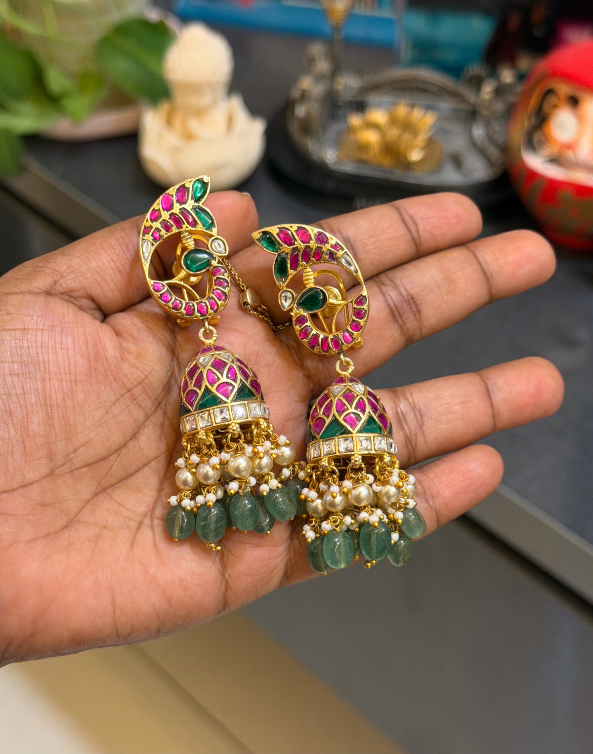 Peacock sleek real kundan double layered jhumkas 5