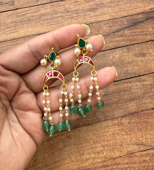 Real kundan reverse moon pearl hanging earrings