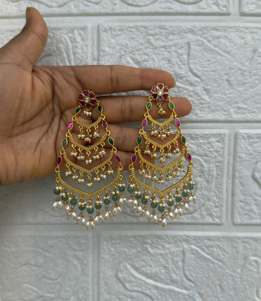 Four layered lightweight real kundan chandbali earrings