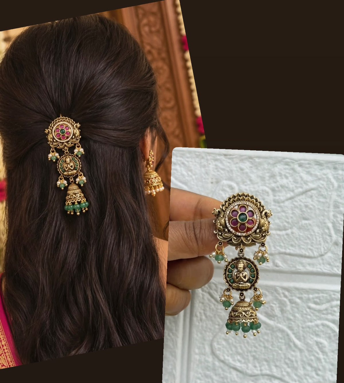 Dual peacock lakshmi devi jhumka style hair pin/accessory
