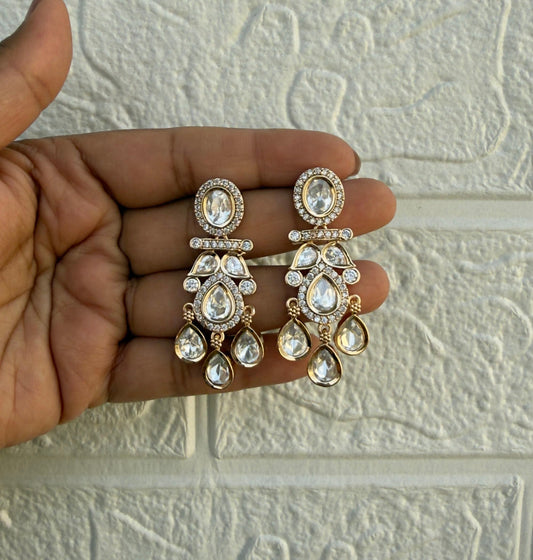 Polki kundan stylish affordable three pearl drop designer earrings