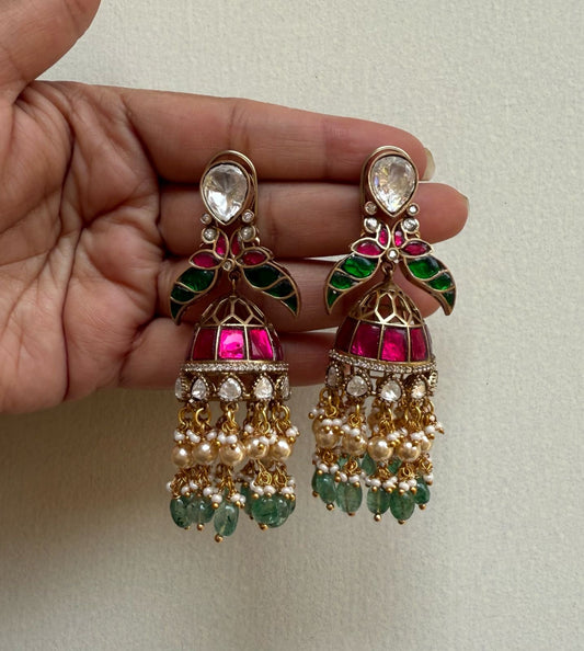 Real kundan two layered dual peacock jhumkas 5