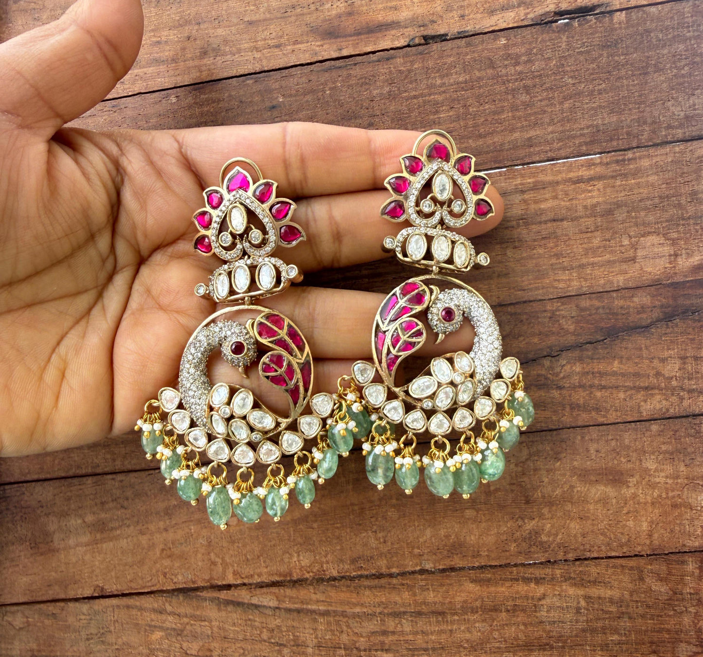 Designer moissanite victorian real kundan peacock chandbalis