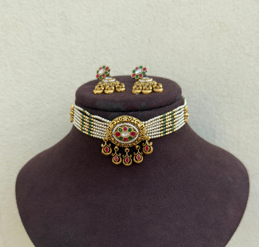 Seven line oval heavy pearl real kundan antique choker with beautiful hanging earrings