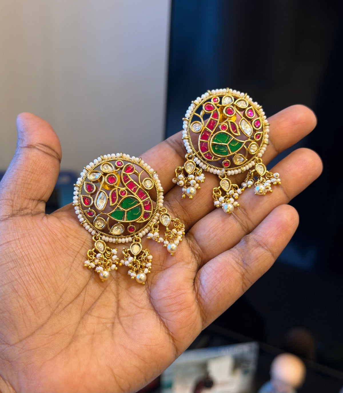 Big size real kundan peacock studs with three kundan drops